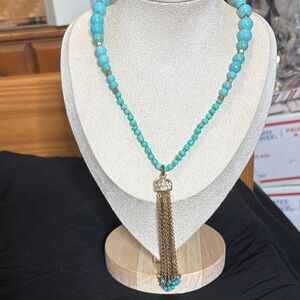 Turquoise Beaded Necklace with Gold Tassel